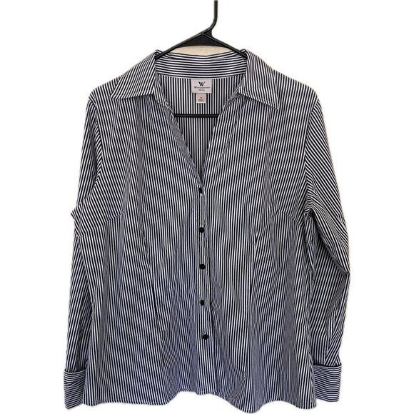 Worthington Womens Black & White Striped Button-Up Collared Shirt Size 14 Stretc - Picture 1 of 4